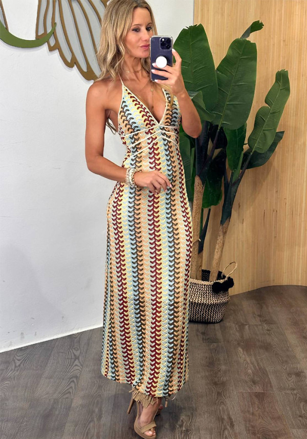 Women Contrast Lace V-Neck Strap Backless Beach Maxi Dress