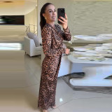Women Autumn Leopard Printed Slit Sexy Long Dress