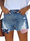 Women American Flag Ripped Tassel Denim Shorts