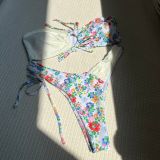 Women Floral Colorblock Tie Strapless Sexy Swimwear