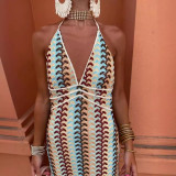 Women Contrast Lace V-Neck Strap Backless Beach Maxi Dress