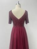 Women's Elegant Short Sleeve Sequin Patchwork V-Neck A-Line Evening Gown