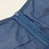 Women Slash Shoulder Wave Ribbon Patchwork Denim Jumpsuit