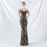 Off Shoulder Tassels Fishbone Slim Waist Lace-Up Sequin Evening Dress