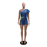 Women Slash Shoulder Wave Ribbon Patchwork Denim Jumpsuit