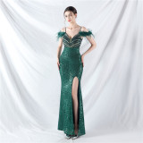 Strap Off Shoulder Long Sequins Plus Size Fat Beauty Formal Party Evening Dress