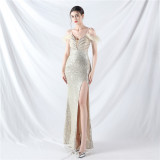 Strap Off Shoulder Long Sequins Plus Size Fat Beauty Formal Party Evening Dress