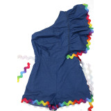 Women Slash Shoulder Wave Ribbon Patchwork Denim Jumpsuit
