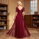 Women's Elegant Short Sleeve Sequin Patchwork V-Neck A-Line Evening Gown