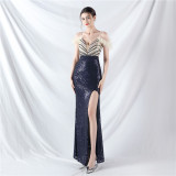 Strap Off Shoulder Long Sequins Plus Size Fat Beauty Formal Party Evening Dress