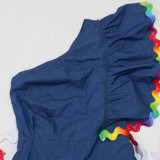 Women Slash Shoulder Wave Ribbon Patchwork Denim Jumpsuit