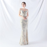 Off Shoulder Tassels Fishbone Slim Waist Lace-Up Sequin Evening Dress