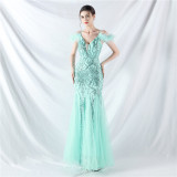 Strap Off Shoulder Long Sequins Plus Size Fat Beauty Formal Party Evening Dress