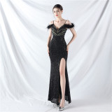 Strap Off Shoulder Long Sequins Plus Size Fat Beauty Formal Party Evening Dress
