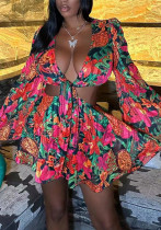 Women's Spring Summer Floral Deep V Bell Bottom Sleeve Tied Crop Top Short Skirt Two-Piece Set Women's Spring Summer Floral Deep V Bell Bottom Sleeve Tied Crop Top Short Skirt Two-Piece Set