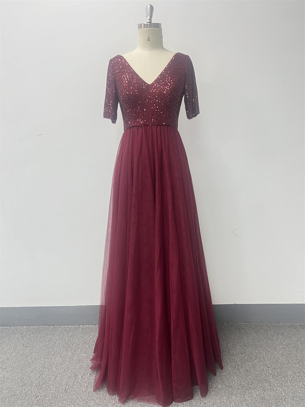 Women's Elegant Short Sleeve Sequin Patchwork V-Neck A-Line Evening Gown