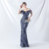 Off Shoulder Tassels Fishbone Slim Waist Lace-Up Sequin Evening Dress