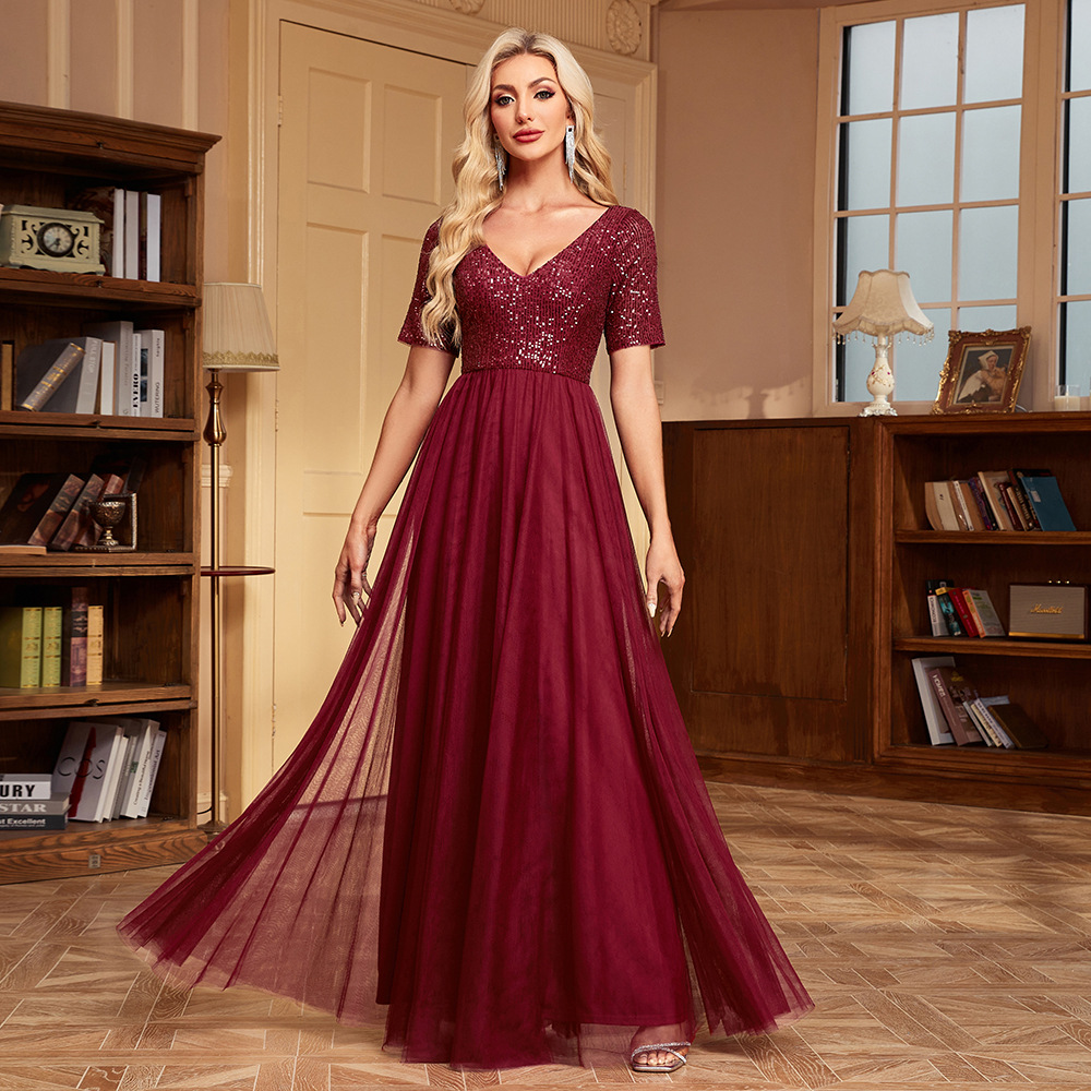 Women's Elegant Short Sleeve Sequin Patchwork V-Neck A-Line Evening Gown