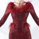 Women ostrich feather long-sleeved sequined evening dress