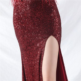 Women ostrich feather long-sleeved sequined evening dress