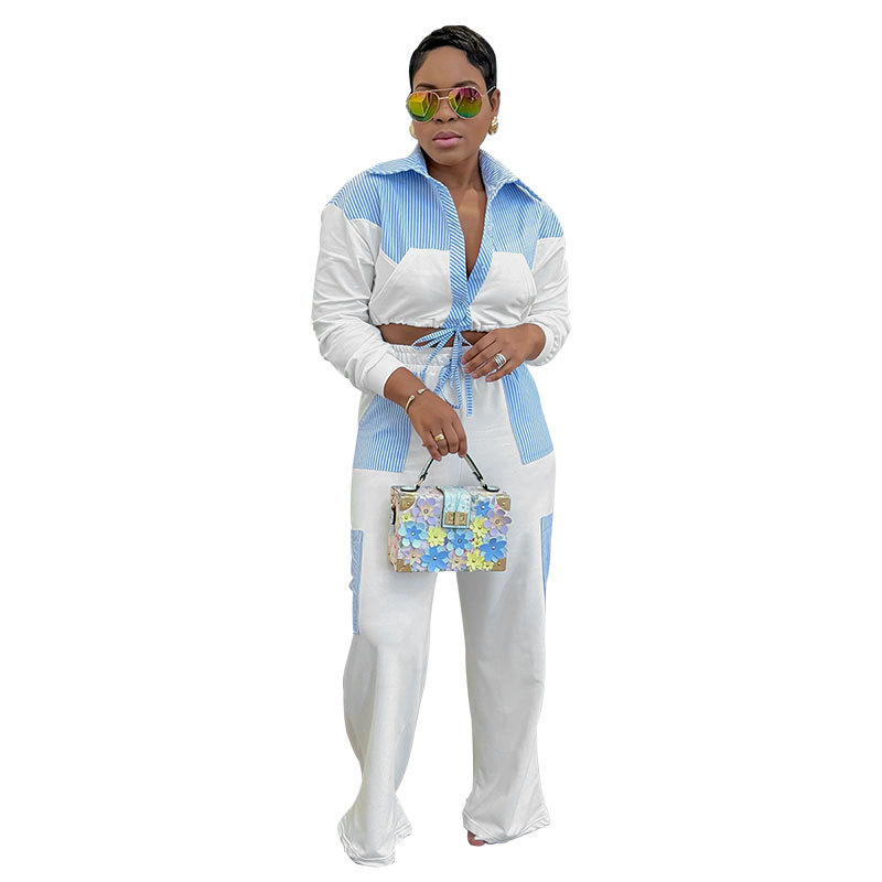 Women Casual striped color-blocked long-sleeved shirt and trousers two-piece set