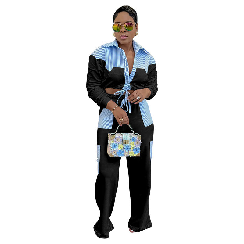 Women Casual striped color-blocked long-sleeved shirt and trousers two-piece set