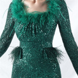 Women ostrich feather long-sleeved sequined evening dress