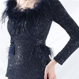 Women ostrich feather long-sleeved sequined evening dress