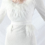Women ostrich feather long-sleeved sequined evening dress