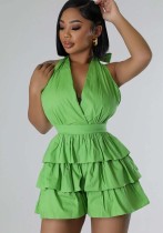 Women Halter Neck V-neck Ruffle Romper