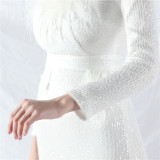 Women ostrich feather long-sleeved sequined evening dress
