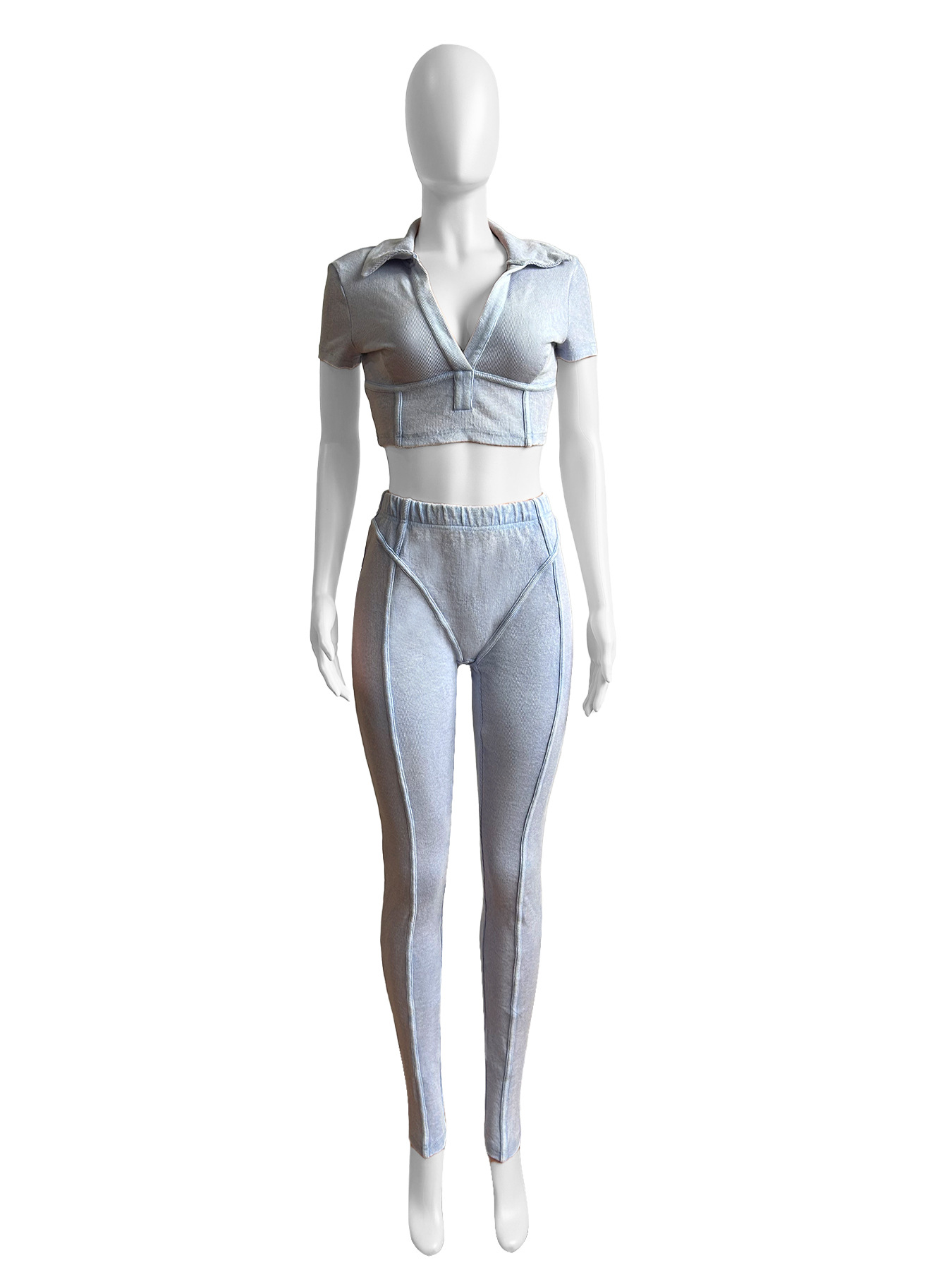 Women Washed and distressed Turndown Collar V Neck two-piece set