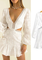 Women Sexy V-neck Lace Hollow Ruffle Dress Women Sexy V-neck Lace Hollow Ruffle Dress