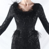 Women ostrich feather long-sleeved sequined evening dress
