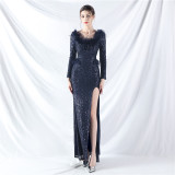 Women ostrich feather long-sleeved sequined evening dress