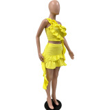 Women summer dress fringe ruffled shoulder Slash Shoulder Top and skirt two-piece set