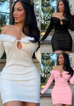 Women Sexy Off Shoulder Long Sleeve Patchwork Button Hollow Dress Women Sexy Off Shoulder Long Sleeve Patchwork Button Hollow Dress