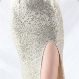 Women ostrich feather long-sleeved sequined evening dress