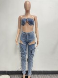 Women washed elastic denim split zipper pocket chest wrap and sexy denim pants set