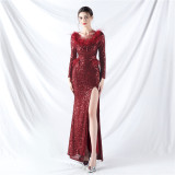 Women ostrich feather long-sleeved sequined evening dress