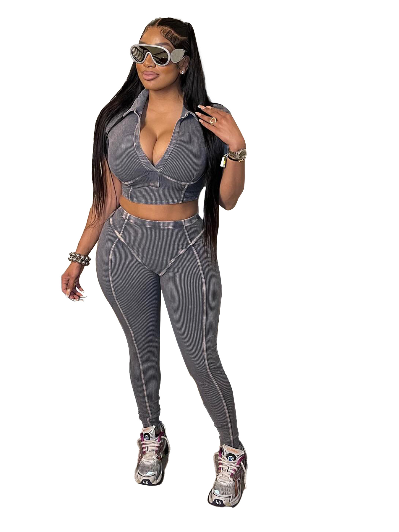 Women Washed and distressed Turndown Collar V Neck two-piece set