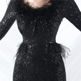 Women ostrich feather long-sleeved sequined evening dress