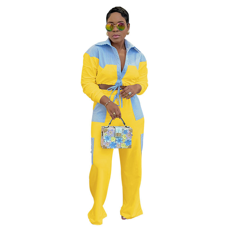 Women Casual striped color-blocked long-sleeved shirt and trousers two-piece set