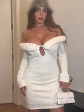Women Sexy Off Shoulder Long Sleeve Patchwork Button Hollow Dress