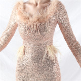 Women ostrich feather long-sleeved sequined evening dress