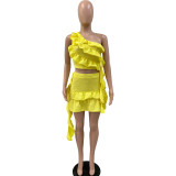 Women summer dress fringe ruffled shoulder Slash Shoulder Top and skirt two-piece set