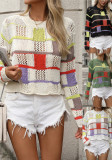Plus Size Women Round Neck Color Block Knitting Loose Long Sleeve Sweater