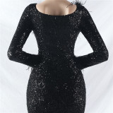 Women ostrich feather long-sleeved sequined evening dress