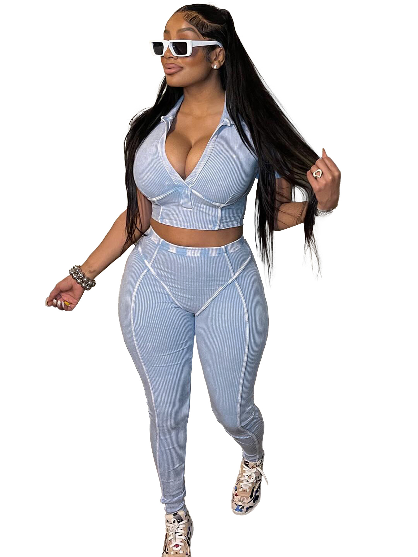 Women Washed and distressed Turndown Collar V Neck two-piece set