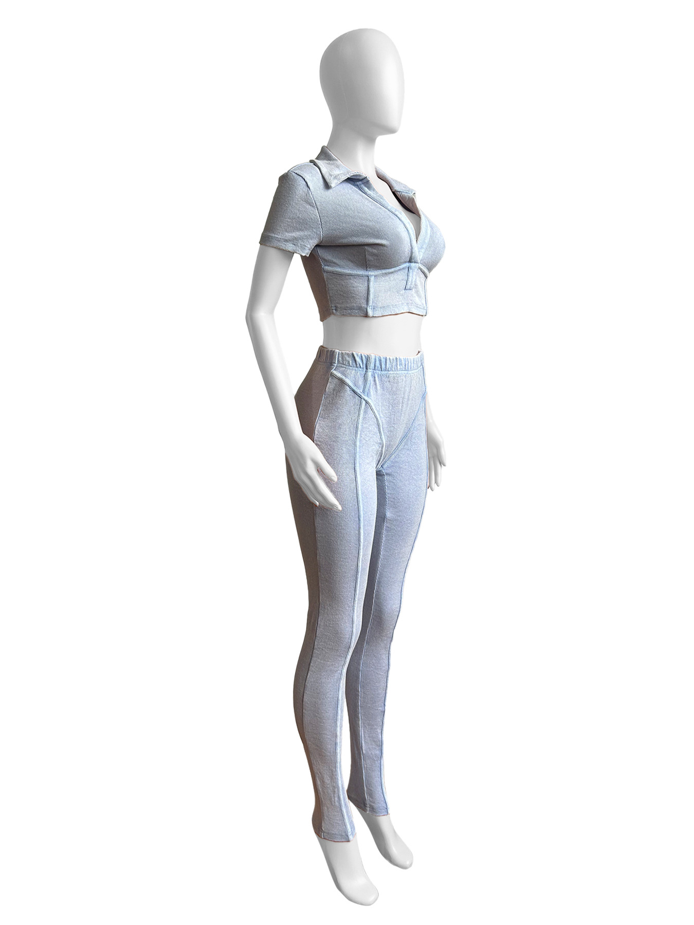 Women Washed and distressed Turndown Collar V Neck two-piece set